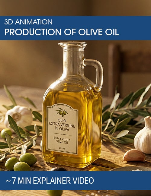 3D animation of a modern olive oil mill, showing the process from olive harvest to processing in washing machine, crusher, malaxer, decanter centrifuge and disc stack centrifuge